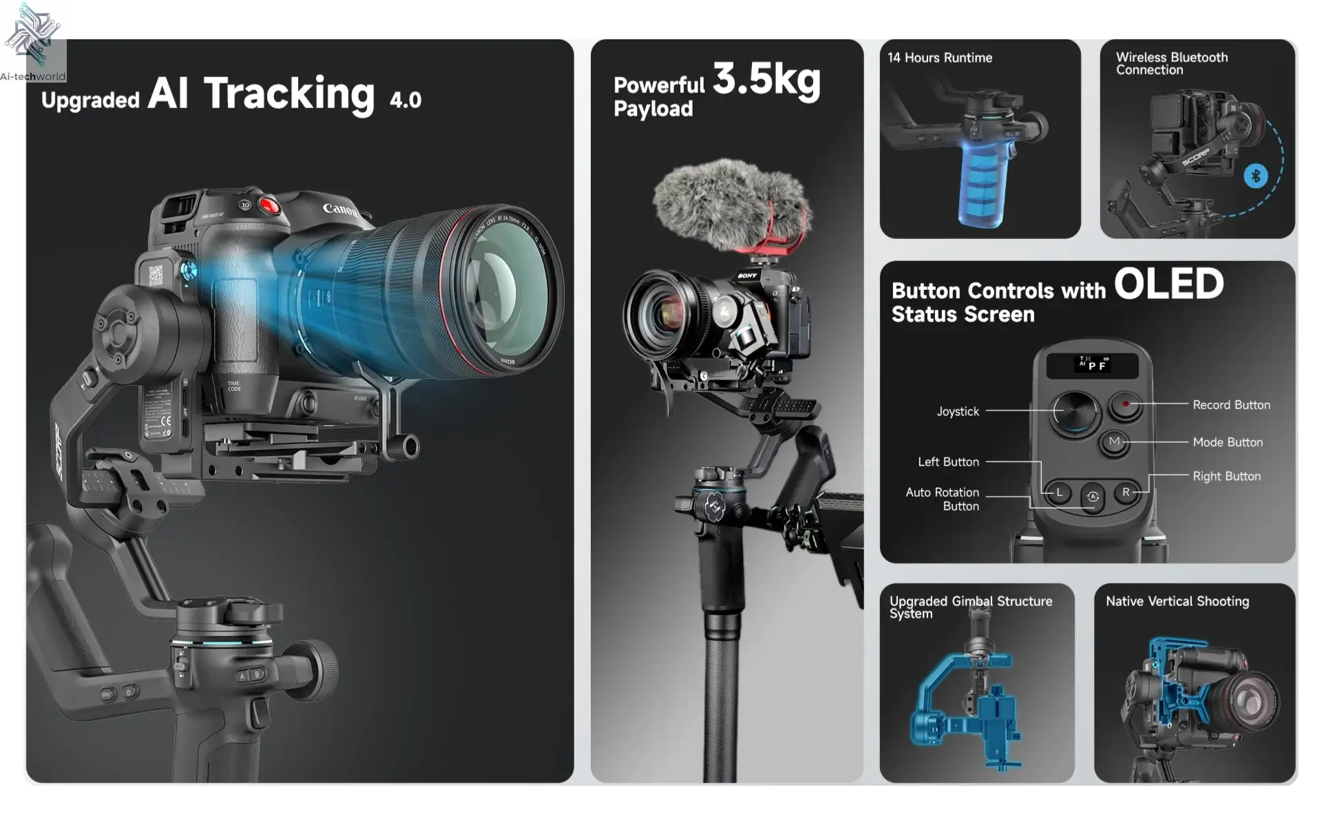 FeiyuTech SCORP-C 2 Gimbal Camera Stabilizer for DSLR&Mirrorless 3.5kg Payload, AI Tracking, Native Vertical Shooting SCORP C2 Ai-TechWorld 