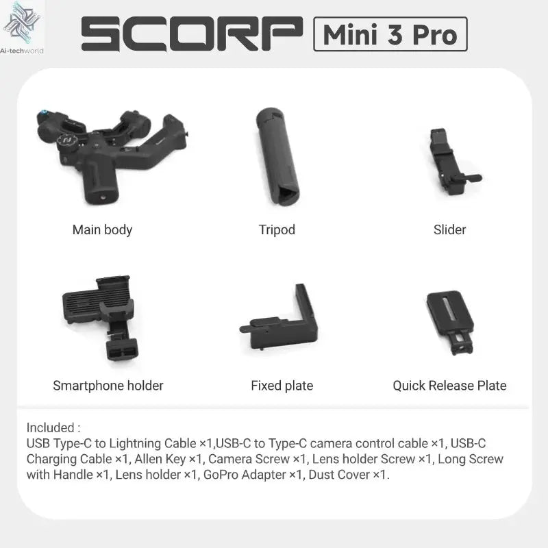 FeiyuTech SCORP Mini 3 Pro 3-in-1 Gimbal for Mirrorless, Action Cams and Smartphones with AI Tracking, 2 kg Load, 14 h Battery Ai-TechWorld 