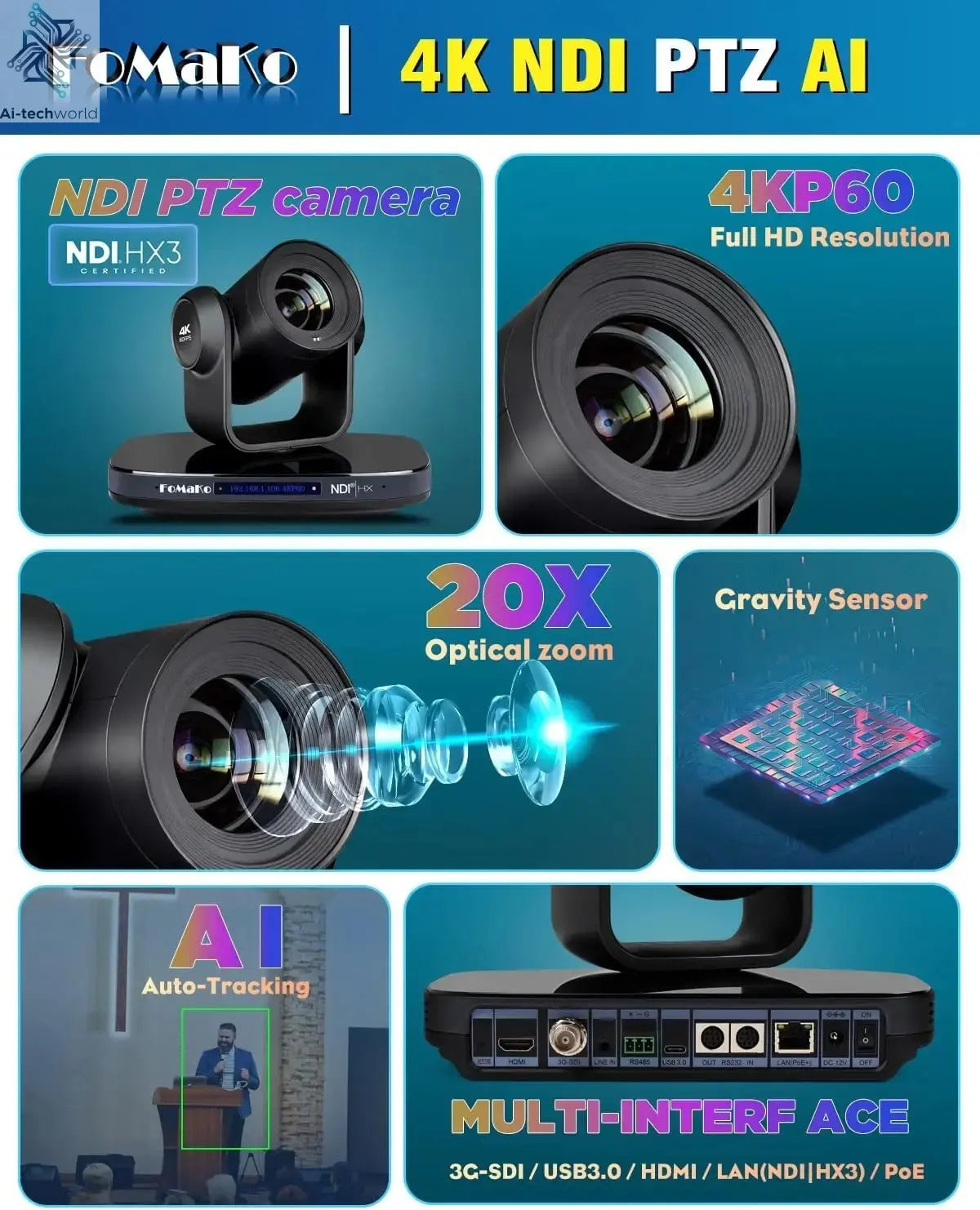 FoMaKo 4K PTZ Bundle NDI Camera 60FPS 20X Optical Zoom + KC608 IP PTZ Controller, 2pcs K820N+1pcs KC608 pro PTZ Camera Bundle - Ai - TechWorld