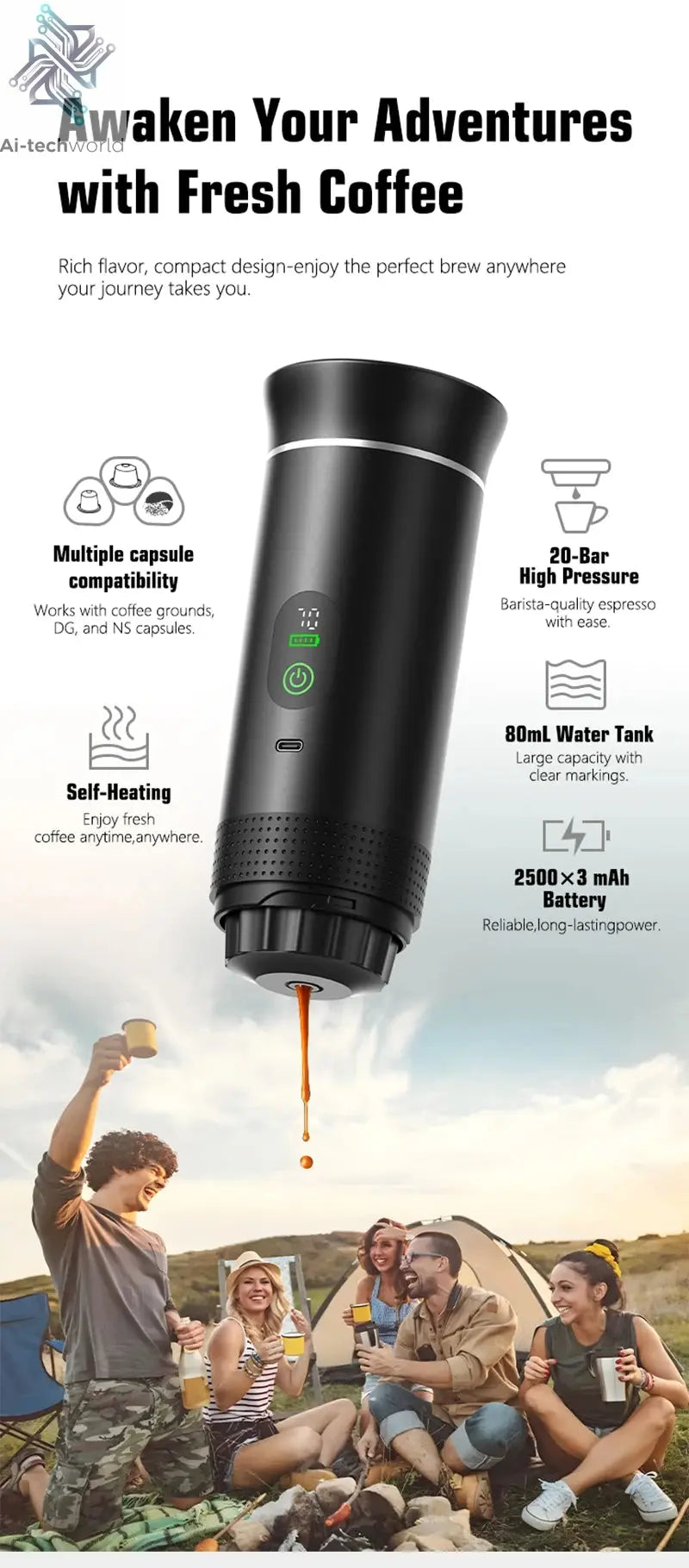 Foombthe Portable Espresso Coffee Machine With Digital Display 3-in-1 Capsule Coffee Maker for Car & Home Camping Coffee Maker Ai-TechWorld 
