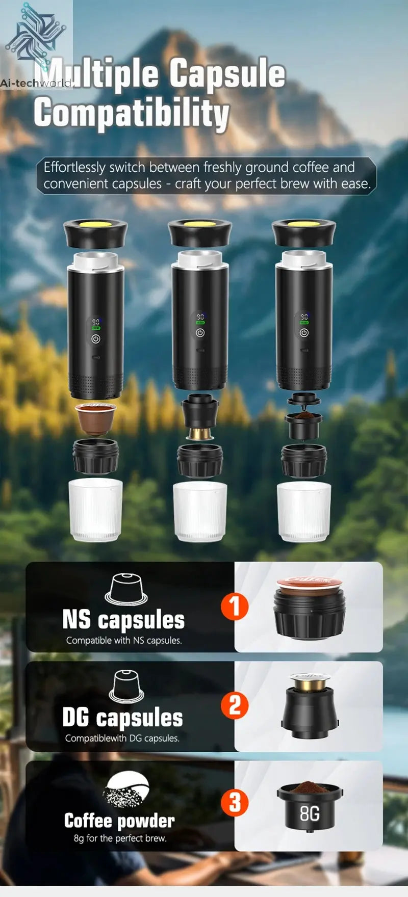 Foombthe Portable Espresso Coffee Machine With Digital Display 3-in-1 Capsule Coffee Maker for Car & Home Camping Coffee Maker Ai-TechWorld 