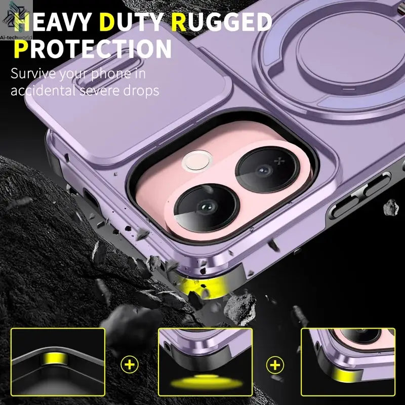For Vivo V60 Lite 5G Case ELVEV Anti-drop Heavy Duty Hard PC Sliding Lens Window Rotating Stand Phone Cover Ai-TechWorld 