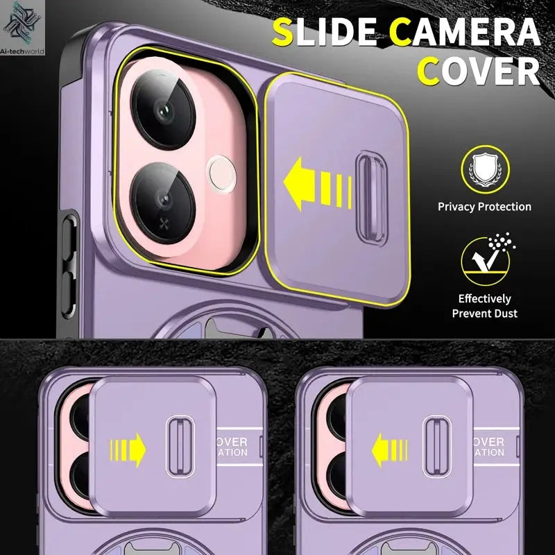 For Vivo V60 Lite 5G Case ELVEV Anti-drop Heavy Duty Hard PC Sliding Lens Window Rotating Stand Phone Cover Ai-TechWorld 