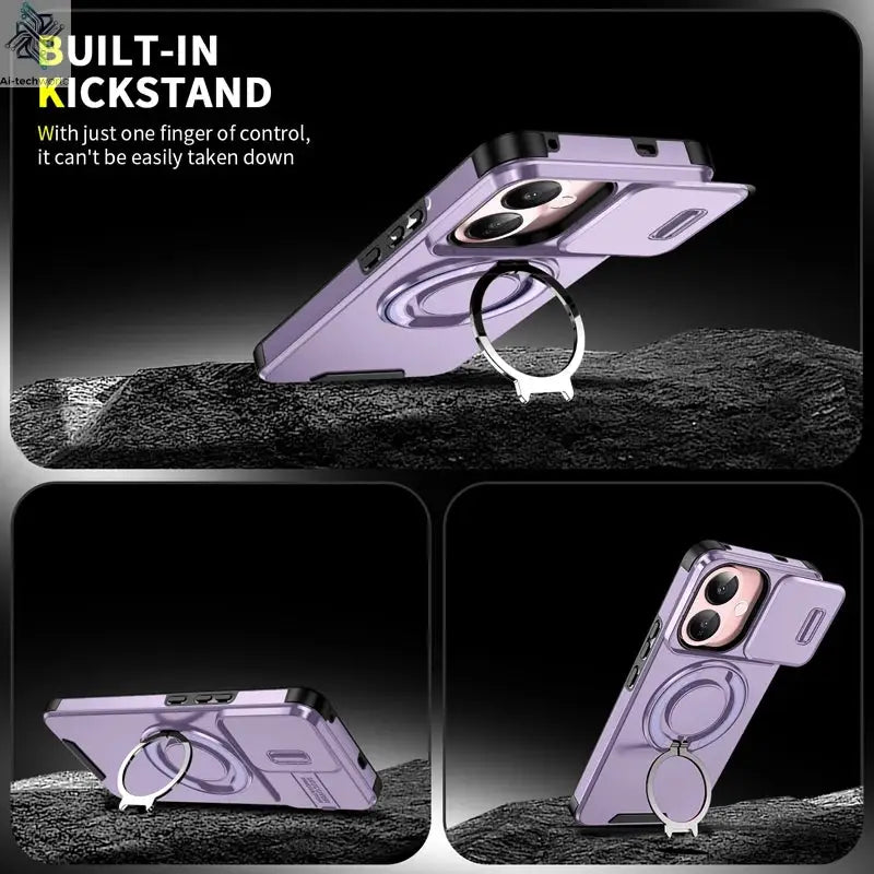 For Vivo V60 Lite 5G Case ELVEV Anti-drop Heavy Duty Hard PC Sliding Lens Window Rotating Stand Phone Cover Ai-TechWorld 