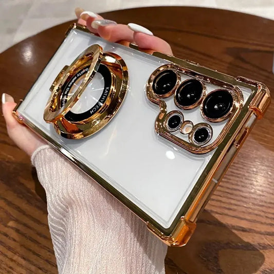 Four Corners Anti Drop Transparent Electroplated Magnetic Stand Protective Case For Samsung Galaxy S25 S24 S23 S22 Ultra Plus - Ai - TechWorld