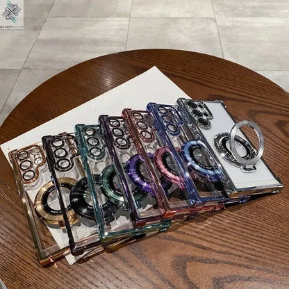 Four Corners Anti Drop Transparent Electroplated Magnetic Stand Protective Case For Samsung Galaxy S25 S24 S23 S22 Ultra Plus - Ai - TechWorld