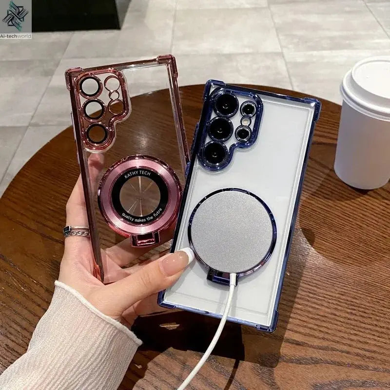 Four Corners Anti Drop Transparent Electroplated Magnetic Stand Protective Case For Samsung Galaxy S25 S24 S23 S22 Ultra Plus - Ai - TechWorld