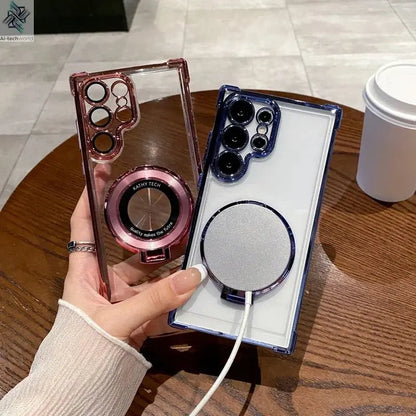 Four Corners Anti Drop Transparent Electroplated Magnetic Stand Protective Case For Samsung Galaxy S25 S24 S23 S22 Ultra Plus - Ai - TechWorld