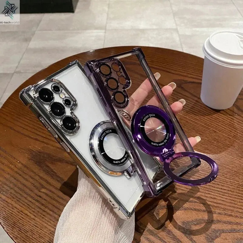 Four Corners Anti Drop Transparent Electroplated Magnetic Stand Protective Case For Samsung Galaxy S25 S24 S23 S22 Ultra Plus - Ai - TechWorld