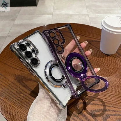 Four Corners Anti Drop Transparent Electroplated Magnetic Stand Protective Case For Samsung Galaxy S25 S24 S23 S22 Ultra Plus - Ai - TechWorld