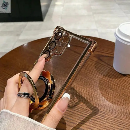 Four Corners Anti Drop Transparent Electroplated Magnetic Stand Protective Case For Samsung Galaxy S25 S24 S23 S22 Ultra Plus - Ai - TechWorld