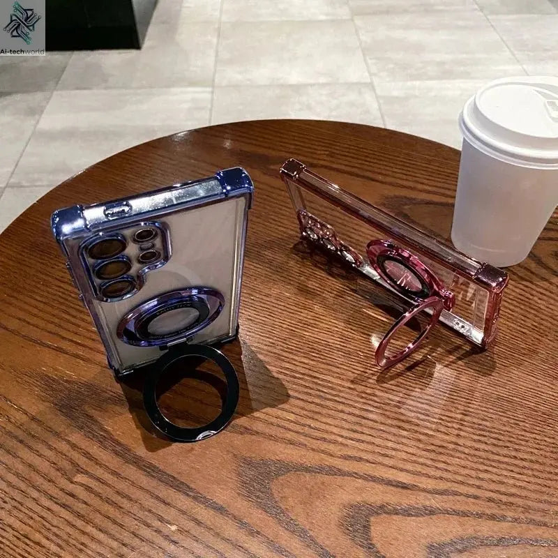 Four Corners Anti Drop Transparent Electroplated Magnetic Stand Protective Case For Samsung Galaxy S25 S24 S23 S22 Ultra Plus - Ai - TechWorld