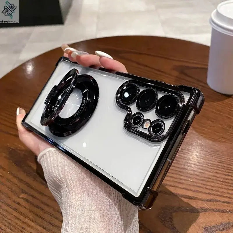 Four Corners Anti Drop Transparent Electroplated Magnetic Stand Protective Case For Samsung Galaxy S25 S24 S23 S22 Ultra Plus - Ai - TechWorld