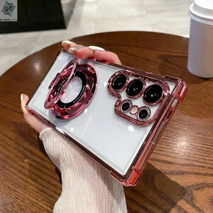 Four Corners Anti Drop Transparent Electroplated Magnetic Stand Protective Case For Samsung Galaxy S25 S24 S23 S22 Ultra Plus - Ai - TechWorld