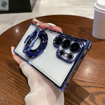 Four Corners Anti Drop Transparent Electroplated Magnetic Stand Protective Case For Samsung Galaxy S25 S24 S23 S22 Ultra Plus - Ai - TechWorld