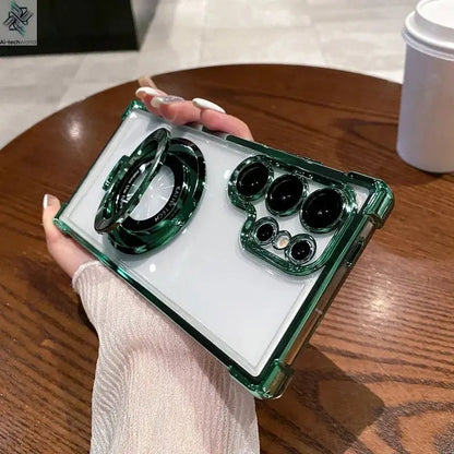 Four Corners Anti Drop Transparent Electroplated Magnetic Stand Protective Case For Samsung Galaxy S25 S24 S23 S22 Ultra Plus - Ai - TechWorld