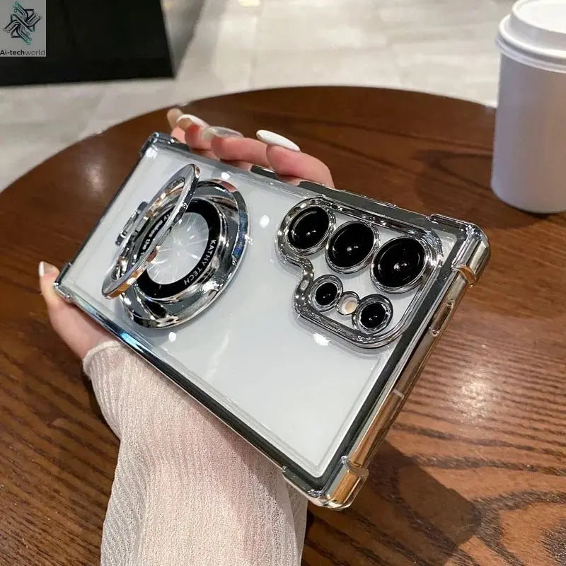 Four Corners Anti Drop Transparent Electroplated Magnetic Stand Protective Case For Samsung Galaxy S25 S24 S23 S22 Ultra Plus - Ai - TechWorld