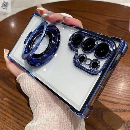 Four Corners Anti Drop Transparent Electroplated Magnetic Stand Protective Case For Samsung Galaxy S25 S24 S23 S22 Ultra Plus - Ai - TechWorld