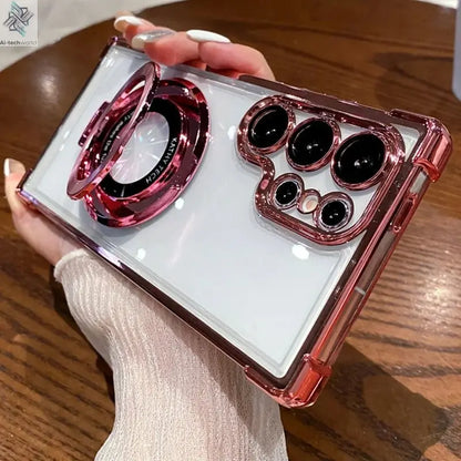 Four Corners Anti Drop Transparent Electroplated Magnetic Stand Protective Case For Samsung Galaxy S25 S24 S23 S22 Ultra Plus - Ai - TechWorld