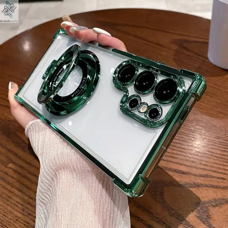 Four Corners Anti Drop Transparent Electroplated Magnetic Stand Protective Case For Samsung Galaxy S25 S24 S23 S22 Ultra Plus - Ai - TechWorld