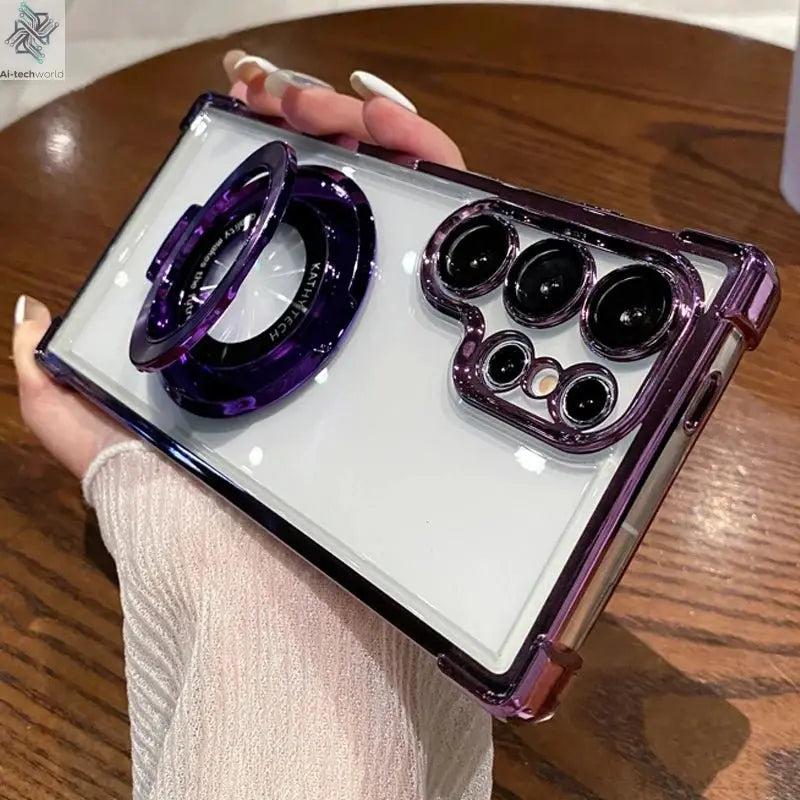 Four Corners Anti Drop Transparent Electroplated Magnetic Stand Protective Case For Samsung Galaxy S25 S24 S23 S22 Ultra Plus - Ai - TechWorld