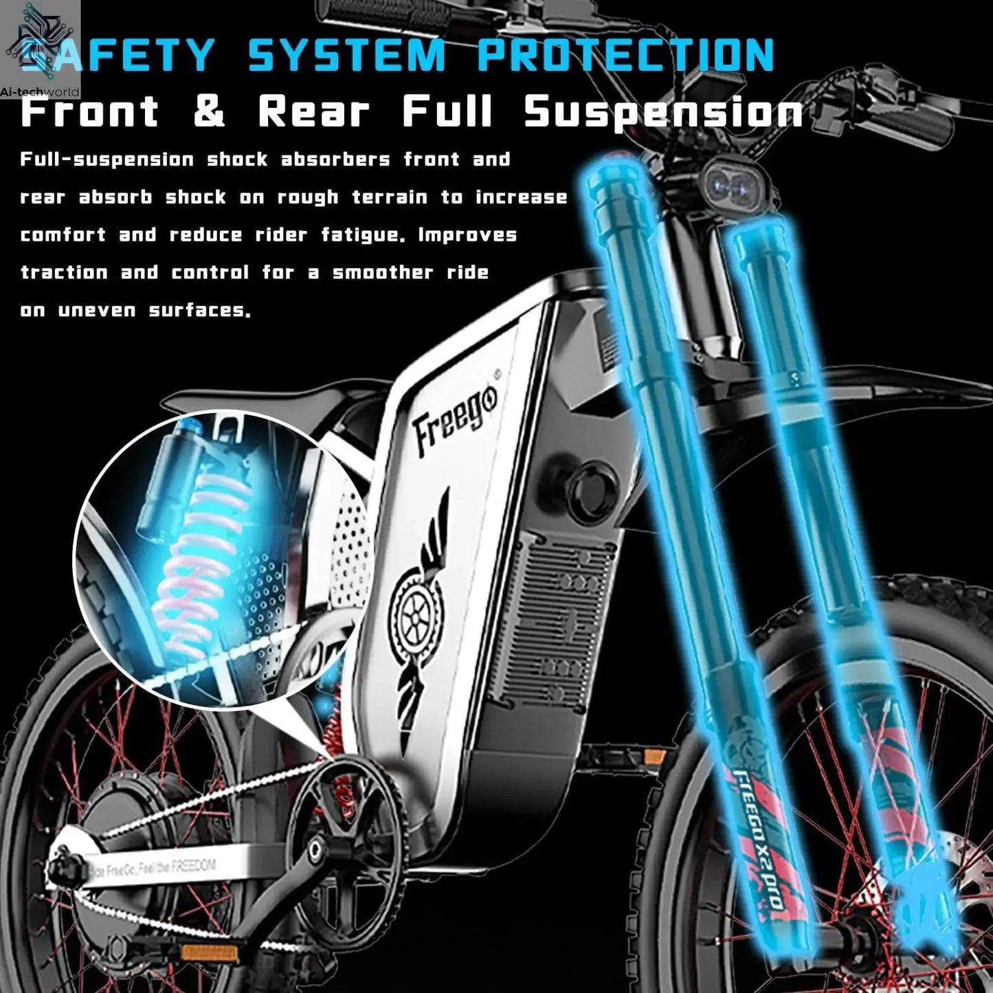Four-Piston Hydraulic Brake Electric Dirt Bike 6000W Electric Motor 60V/30Ah 50MPH/7 Speed Off Road E-Bicycle Full Suspension Ai-TechWorld 