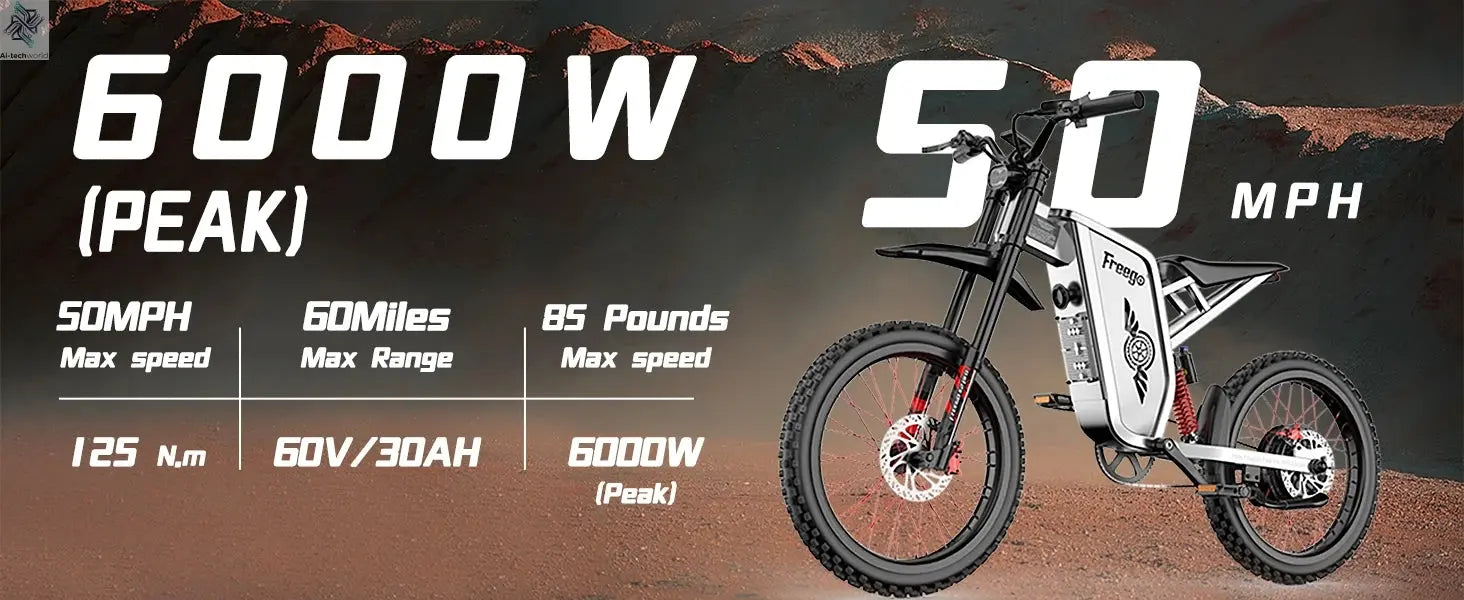 Four-Piston Hydraulic Brake Electric Dirt Bike 6000W Electric Motor 60V/30Ah 50MPH/7 Speed Off Road E-Bicycle Full Suspension Ai-TechWorld 