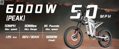 Four-Piston Hydraulic Brake Electric Dirt Bike 6000W Electric Motor 60V/30Ah 50MPH/7 Speed Off Road E-Bicycle Full Suspension Ai-TechWorld 