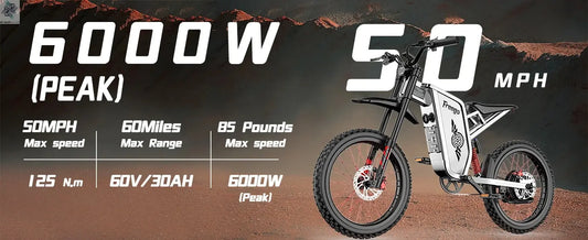 Four-Piston Hydraulic Brake Electric Dirt Bike 6000W Electric Motor 60V/30Ah 50MPH/7 Speed Off Road E-Bicycle Full Suspension Ai-TechWorld 
