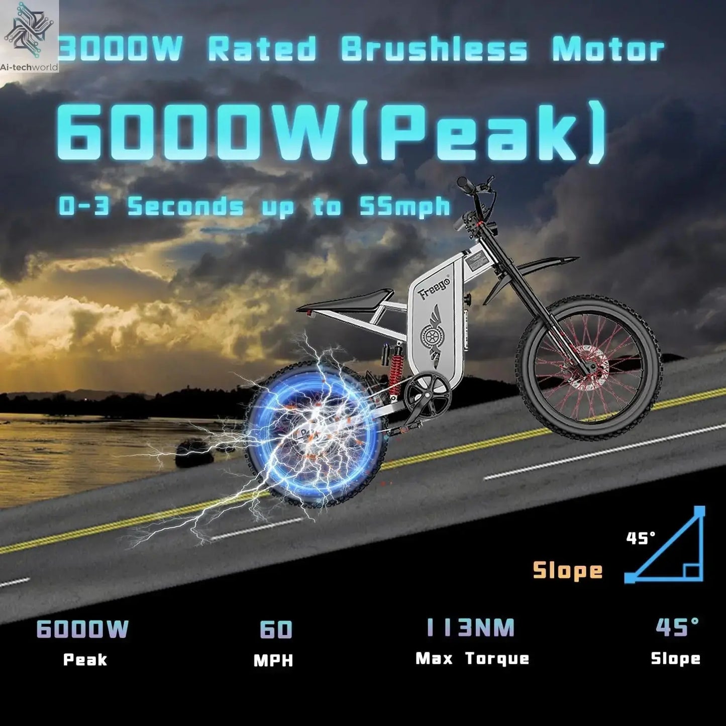 Four-Piston Hydraulic Brake Electric Dirt Bike 6000W Electric Motor 60V/30Ah 50MPH/7 Speed Off Road E-Bicycle Full Suspension Ai-TechWorld 
