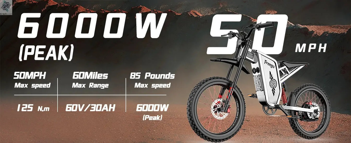 Four-Piston Hydraulic Brake Electric Dirt Bike 6000W Electric Motor 60V/30Ah 50MPH/7 Speed Off Road E-Bicycle Full Suspension Ai-TechWorld 