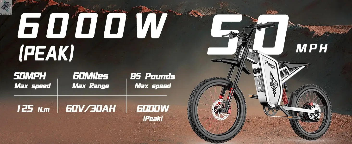 Four-Piston Hydraulic Brake Electric Dirt Bike 6000W Electric Motor 60V/30Ah 50MPH/7 Speed Off Road E-Bicycle Full Suspension Ai-TechWorld 