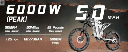 Four-Piston Hydraulic Brake Electric Dirt Bike 6000W Electric Motor 60V/30Ah 50MPH/7 Speed Off Road E-Bicycle Full Suspension Ai-TechWorld 