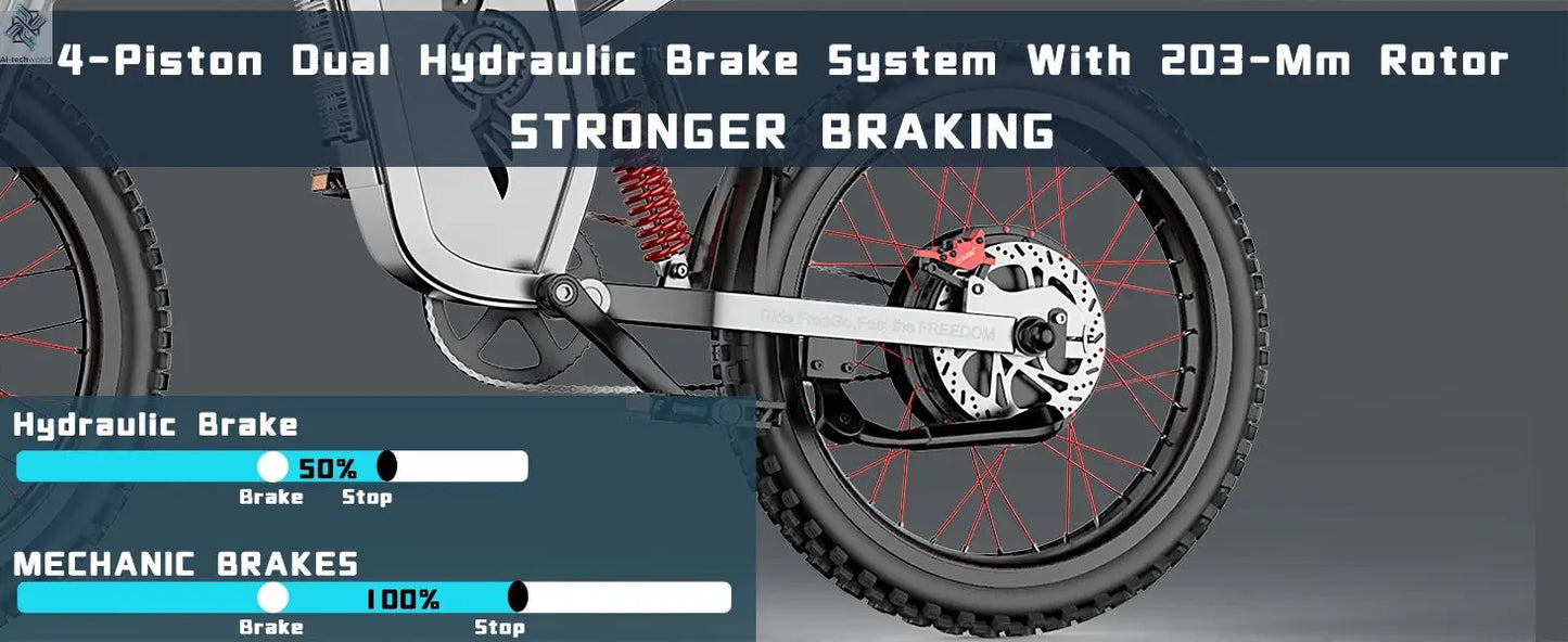 Four-Piston Hydraulic Brake Electric Dirt Bike 6000W Electric Motor 60V/30Ah 50MPH/7 Speed Off Road E-Bicycle Full Suspension Ai-TechWorld 
