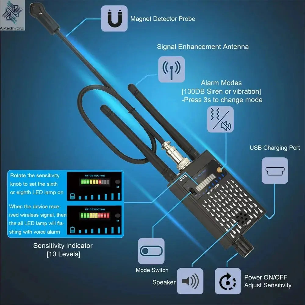 G618W G618 G318 Super Sensitive Detector Audio Buging Hidden Spy Camera Detector GSM GPS Full Range RF Laser Bug Zapper Detector Ai-TechWorld 