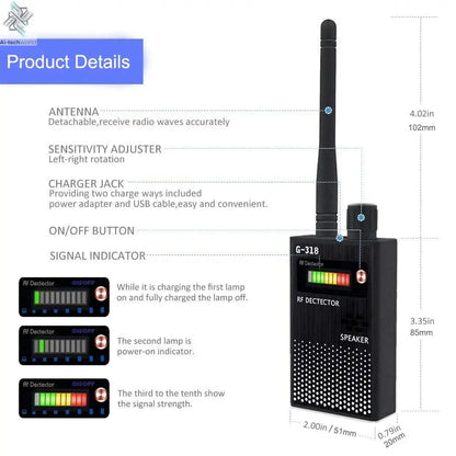 G618W G618 G318 Super Sensitive Detector Audio Buging Hidden Spy Camera Detector GSM GPS Full Range RF Laser Bug Zapper Detector Ai-TechWorld 