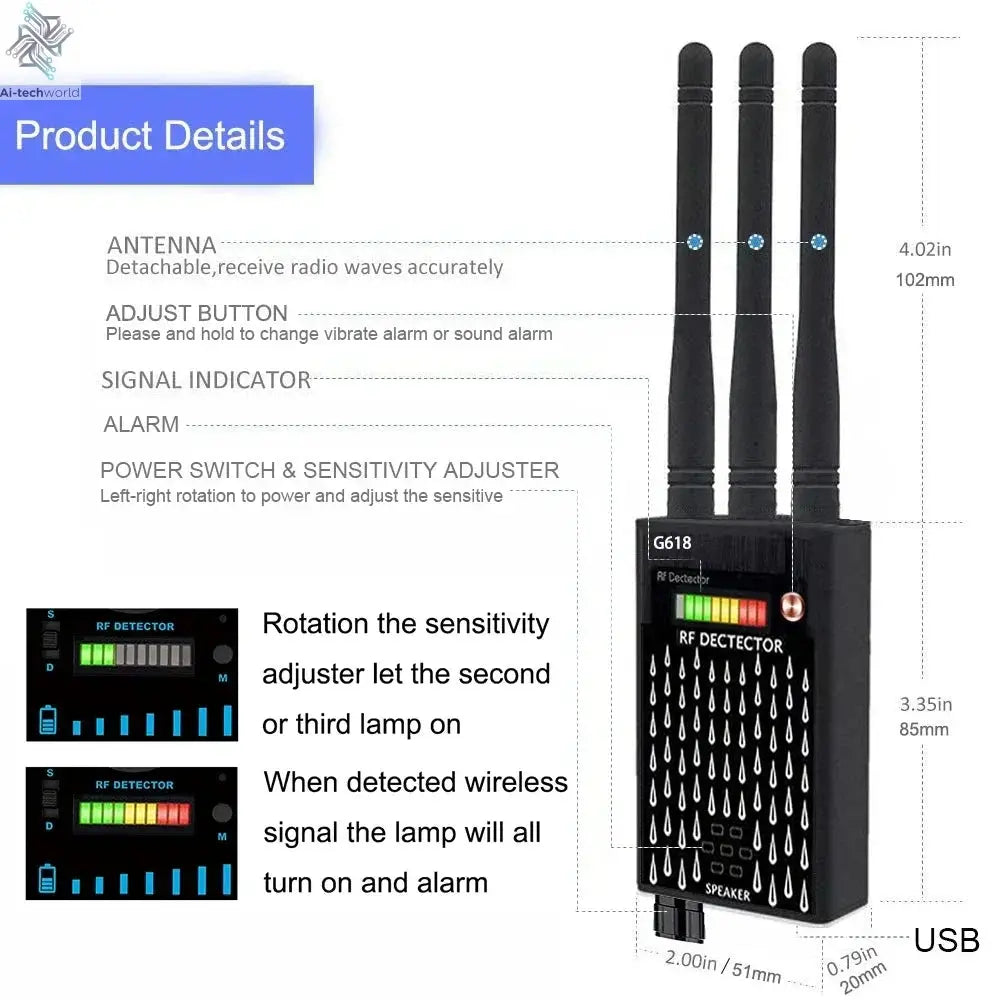 G618W G618 G318 Super Sensitive Detector Audio Buging Hidden Spy Camera Detector GSM GPS Full Range RF Laser Bug Zapper Detector Ai-TechWorld 