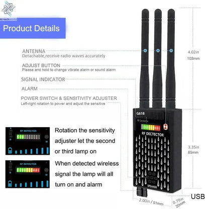 G618W G618 G318 Super Sensitive Detector Audio Buging Hidden Spy Camera Detector GSM GPS Full Range RF Laser Bug Zapper Detector Ai-TechWorld 