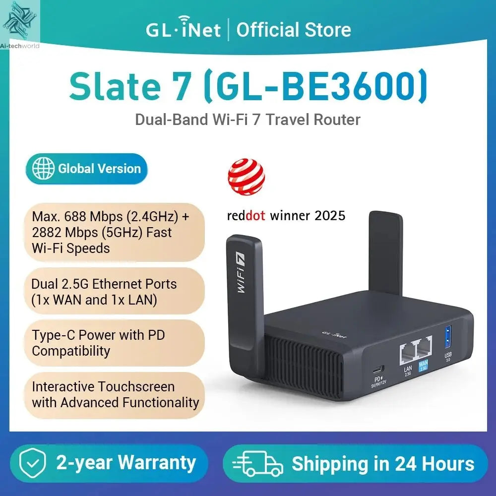 GL.iNet GL - BE3600( Slate 7) Wi - Fi 7 Router, Dual 2.5G Ports, Touch Screen, 3570Mbps Gaming Hotspot, VPN for Public & Hotel - Ai - TechWorld