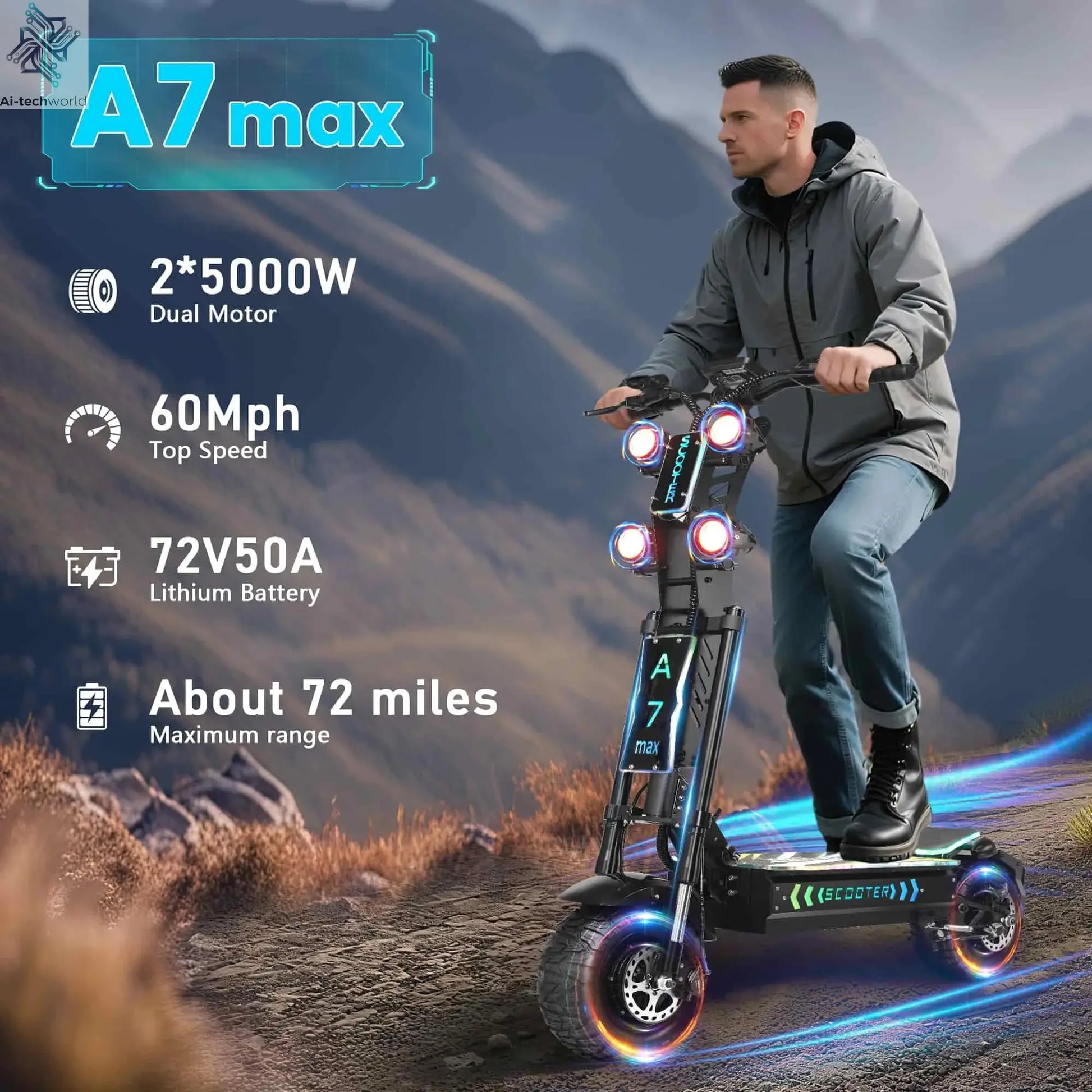 GLEERIDE A7 MAX 13" Off-road Electric Scooter 2*5000W Motors 72V 50Ah Battery Ai-TechWorld 