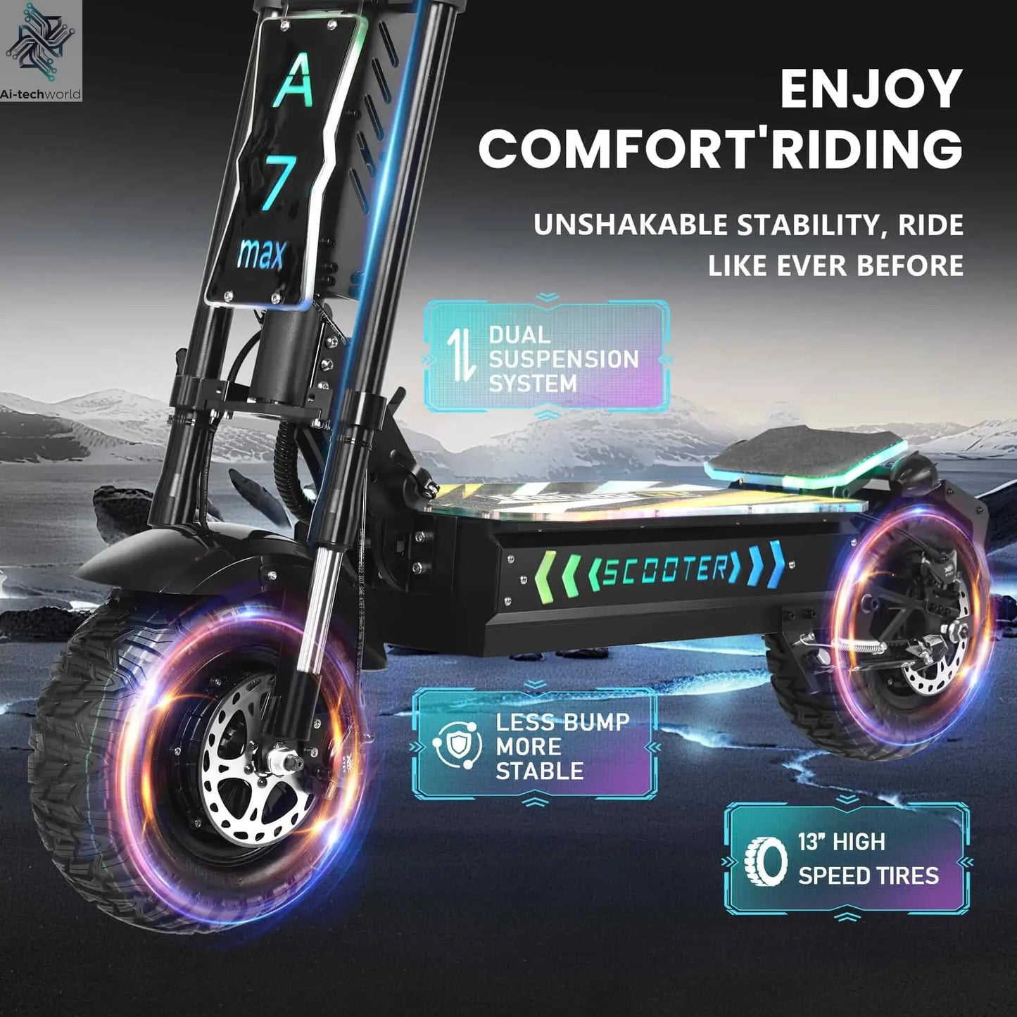 GLEERIDE A7 MAX 13" Off-road Electric Scooter 2*5000W Motors 72V 50Ah Battery Ai-TechWorld 
