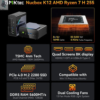 GMKtec K12 Gaming Mini PC AMD Ryzen 7 H 255(Upgraded 8745HS) Windows 11 Pro Desktop Mini Computers Barebone WiFi 6E/BT5.2, USB-C Ai-TechWorld 