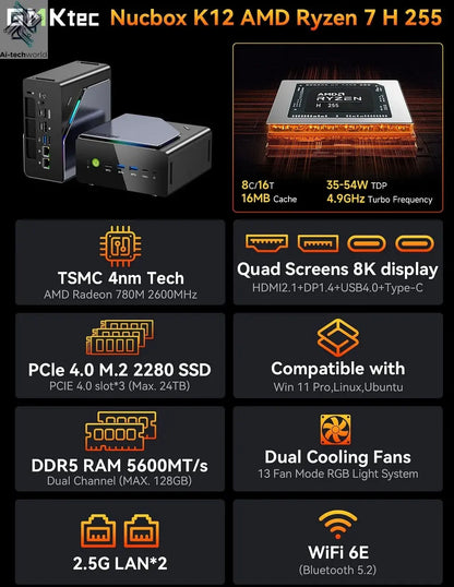 GMKtec K12 Gaming Mini PC AMD Ryzen 7 H 255(Upgraded 8745HS) Windows 11 Pro Desktop Mini Computers Barebone WiFi 6E/BT5.2, USB-C Ai-TechWorld 