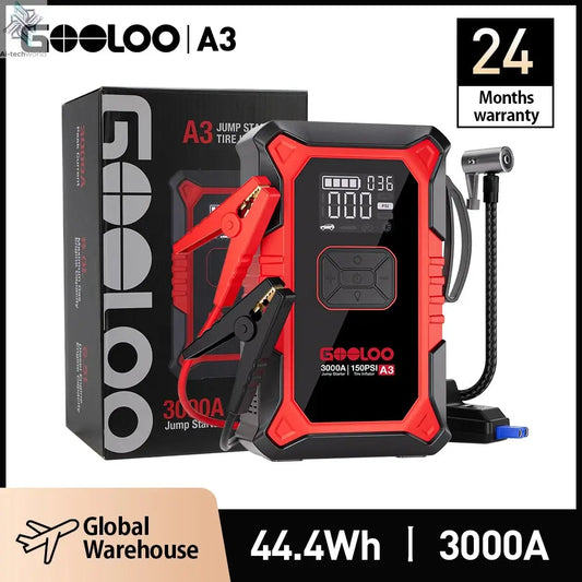 GOOLOO A3 Jump Starter with Air Compressor, 3000A Portable Car Battery Booster (9.0 Gas/6.5L Diesel) with 150PSI Auto-Shutoff Ti Ai-TechWorld 