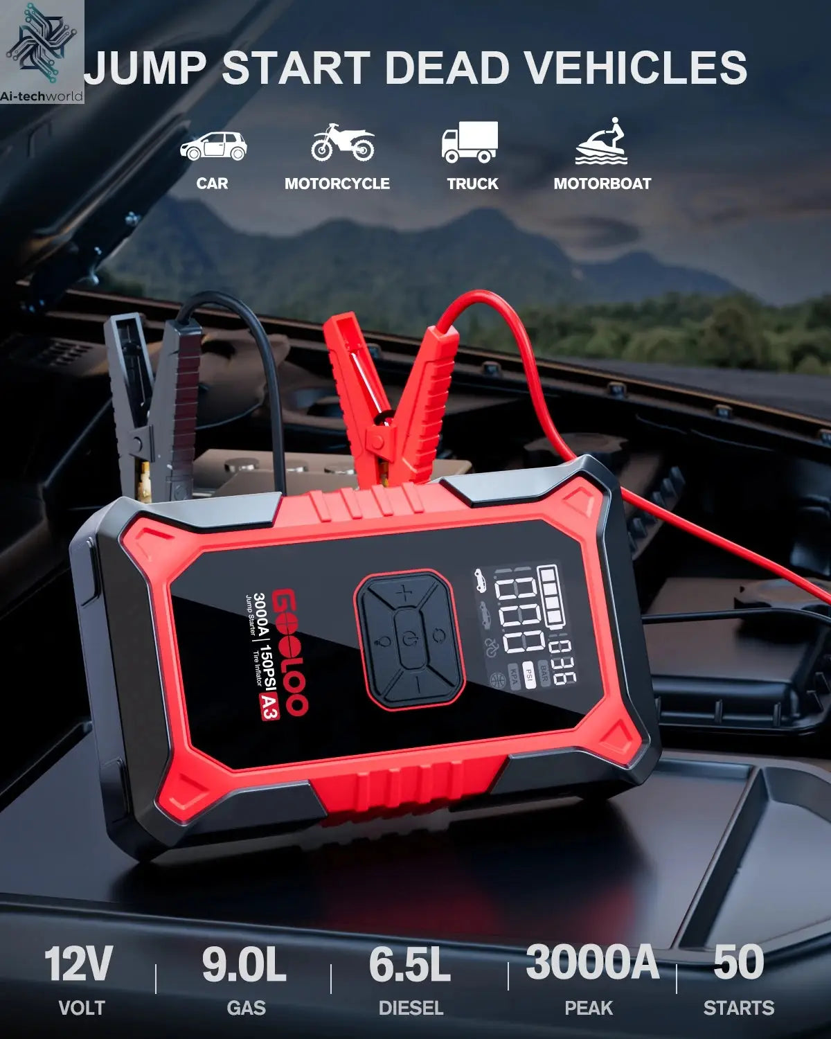 GOOLOO A3 Jump Starter with Air Compressor, 3000A Portable Car Battery Booster (9.0 Gas/6.5L Diesel) with 150PSI Auto-Shutoff Ti Ai-TechWorld 