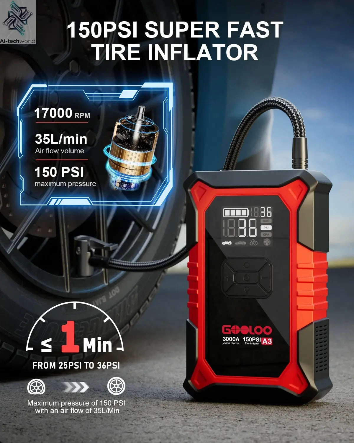 GOOLOO A3 Jump Starter with Air Compressor, 3000A Portable Car Battery Booster (9.0 Gas/6.5L Diesel) with 150PSI Auto-Shutoff Ti Ai-TechWorld 