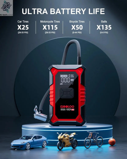 GOOLOO A3 Jump Starter with Air Compressor, 3000A Portable Car Battery Booster (9.0 Gas/6.5L Diesel) with 150PSI Auto-Shutoff Ti Ai-TechWorld 