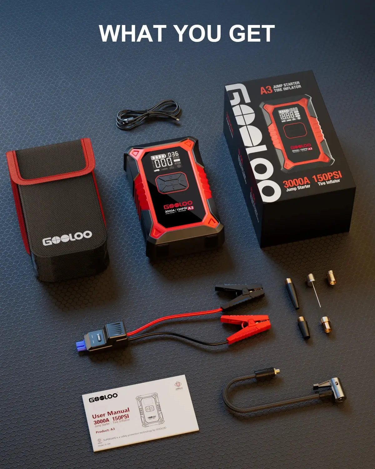 GOOLOO A3 Jump Starter with Air Compressor, 3000A Portable Car Battery Booster (9.0 Gas/6.5L Diesel) with 150PSI Auto-Shutoff Ti Ai-TechWorld 