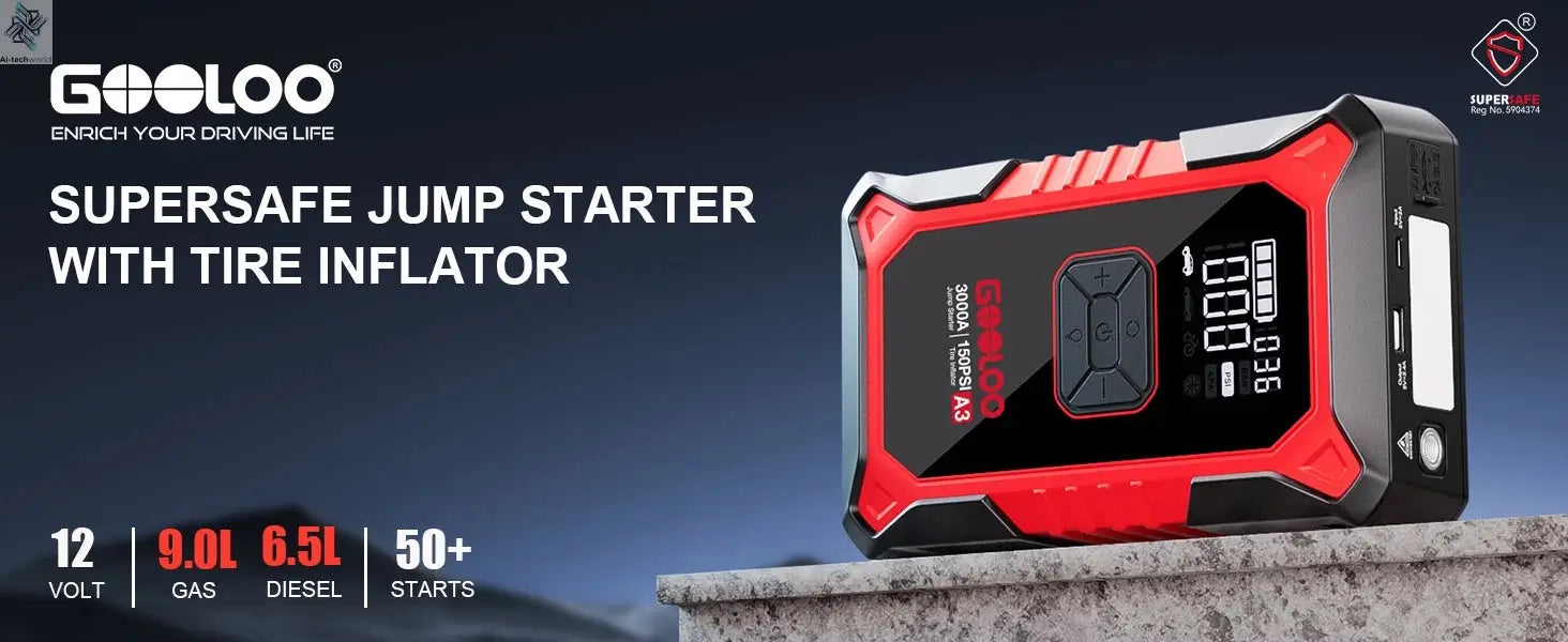 GOOLOO A3 Jump Starter with Air Compressor, 3000A Portable Car Battery Booster (9.0 Gas/6.5L Diesel) with 150PSI Auto-Shutoff Ti Ai-TechWorld 
