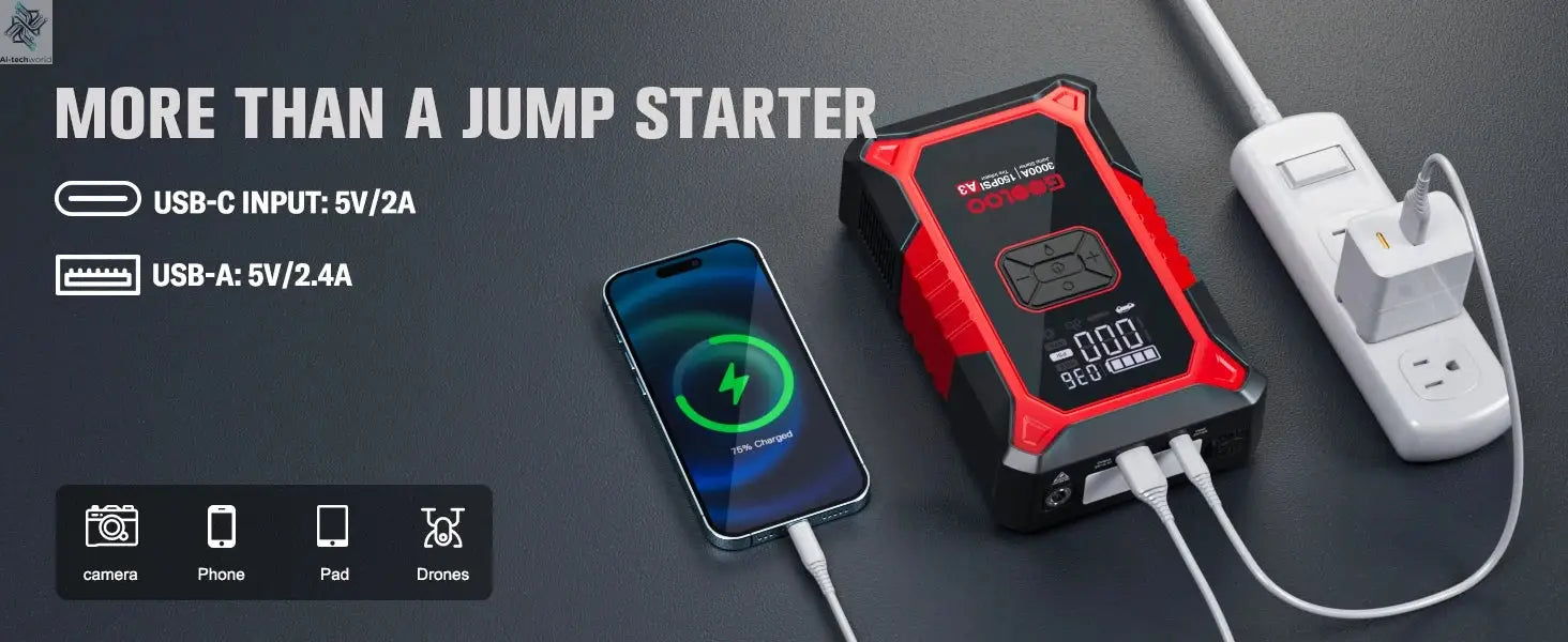 GOOLOO A3 Jump Starter with Air Compressor, 3000A Portable Car Battery Booster (9.0 Gas/6.5L Diesel) with 150PSI Auto-Shutoff Ti Ai-TechWorld 